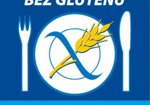 Logo »Menu Bez Glutenu« – biały talerz z przekreślonym kłosem zboża, po bokach widelec i nóż, na niebieskim tle; adres strony www.celiakia.pl