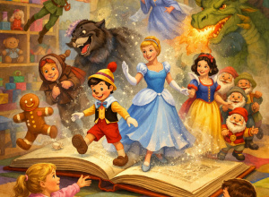 Ilustracja przedstawia kolorową salę przedszkolną, w której na podłodze leży otwarta, duża księga. Z jej stron w magicznej poświacie i złotym pyle „wychodzą” bohaterowie bajek: księżniczka w