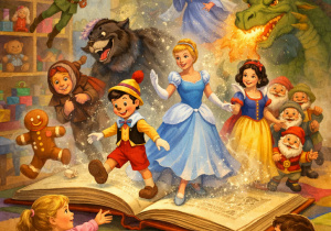 Ilustracja przedstawia kolorową salę przedszkolną, w której na podłodze leży otwarta, duża księga. Z jej stron w magicznej poświacie i złotym pyle „wychodzą” bohaterowie bajek: księżniczka w błękitnej sukni, dziewczynka w czerwono-żółtej sukience, chłopiec z długim nosem, zielony smok ziejący ogniem, krasnoludki oraz inne baśniowe postacie. Wokół księgi siedzi kilkoro małych dzieci, które z zachwytem i wyciągniętymi rękami obserwują niezwykłe zjawisko. W tle widać półki z zabawkami, pluszaki, kolorowe klocki oraz dziecięce rysunki na ścianach.