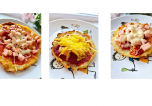 Trzy małe, bezglutenowe pizzerinki podane na dziecięcych talerzykach – z roślinnym serem, sosem pomidorowym oraz różnymi dodatkami, m.in. szynką, startym żółtym warzywem i roztopionym serem. Spody przygotowane na bazie kalafiora lub ziemniaka.