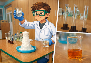 Kolaż trzech obrazów przedstawiających eksperyment chemiczny. Po lewej stronie animowany chemik w białym fartuchu, okularach ochronnych i niebieskich rękawiczkach trzyma zlewkę z przezroczystą cieczą nad stołem, na którym stoi naczynie z obfitą pianą przypominającą „wulkan” oraz inne laboratoryjne szkło. W prawym górnym rogu widoczne są trzy probówki z bezbarwną cieczą umieszczone w stojakach. W prawym dolnym rogu znajduje się zbliżenie zlewki z pomarańczowym roztworem stojącej na drewnianym blacie.