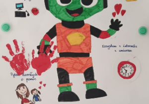 Kolaż plakatów dzieci o bezpiecznym korzystaniu z internetu w programie „Necio”.