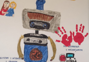 Kolaż plakatów dzieci o bezpiecznym korzystaniu z internetu w programie „Necio”.