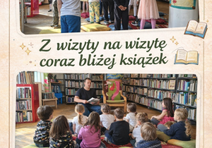 Dzieci z grupy III uczestniczą w zajęciach w bibliotece. Na jednym ujęciu stoją na kolorowych poduszkach i słuchają prowadzącego, na drugim siedzą w kręgu i z uwagą słuchają czytanej książki. W tle widoczne są regały pełne książek oraz przyjazna, kolorowa przestrzeń biblioteczna, sprzyjająca nauce i zabawie