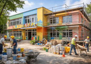 Kolorowy budynek przedszkola w trakcie remontu – wokół rusztowania, a przed budynkiem pracownicy budowlani przygotowują materiały i malują elewację.